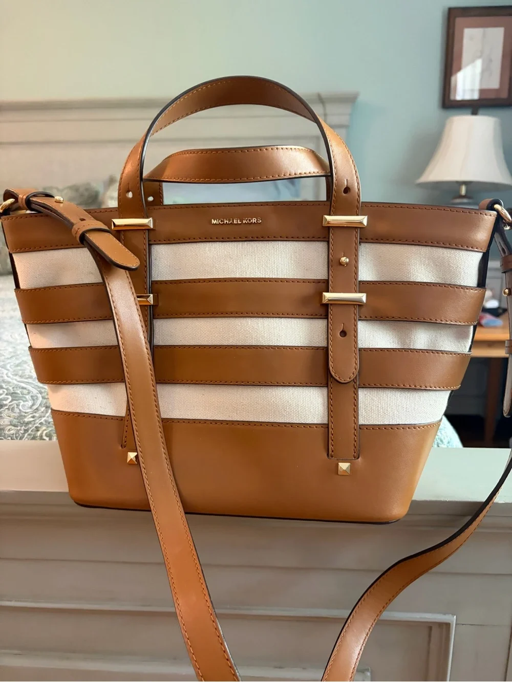 Michael Kors Tan and Cream Striped Leather-Trim Tote- Marie